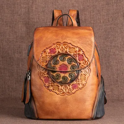 Cowhide Backpack, Embossed, Retro Chinese Style