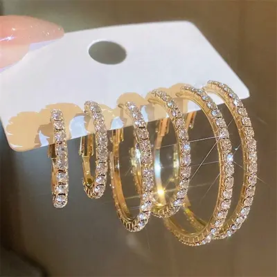 Cross-border fashion diamond stud earrings for women in Europe and America, simple full diamond large, medium and small hoop earrings, 3-pair set