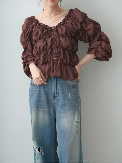 Women's flared sleeve pleated long sleeve chiffon blouse - 2