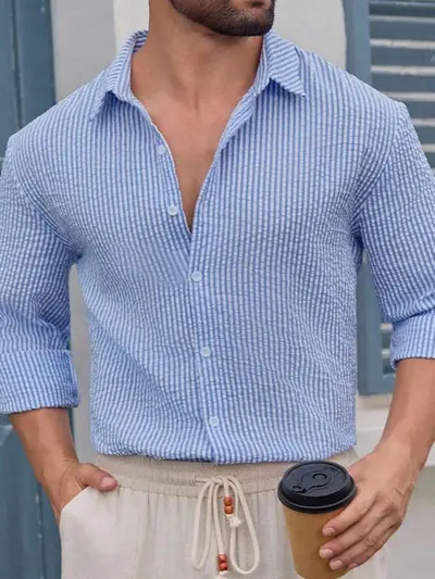 Men's Spring Summer Striped Long Sleeve Breathable Shirt - 9