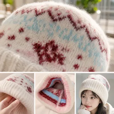 Sonbahar Kış Fair Isle Desenli Örme Bere Yüksek Esneklik, Baskı Yapmayan Kafa Bandı, İşe Gidiş Örgü Bere Retro Her Kombine Uyumlu Sıcak Tutan Şapka Kadın Model