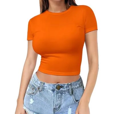 Cross-border European and American style crop top t-shirt hot girl summer sweater women's slim round neck fashion milk silk short sleeve - 9