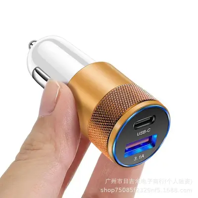 3.1A USB+PD küçük çelik top araba şarj cihazı alüminyum alaşımlı USB-C+USB araç cep telefonu şarj cihazı üreticisi hızlı şarj