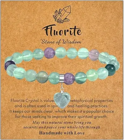 8mm Natural Stone Elastic Beaded Bracelet with Heart Stone Pendant - 11
