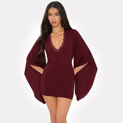 Women's Autumn Dress, Solid Color, Lace-Trim Flare Long Sleeve, Slim Fit