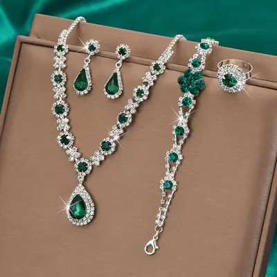 Moda Avrupa Amerika Yeni Koleksiyon Lüks Kristal Mücevher Kadın Su Damlası Kolye Küpe Bileklik Yüzük Seti - 10