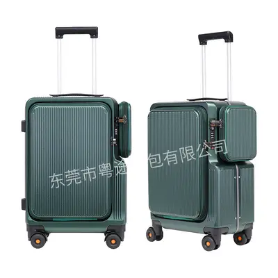 New Ink Green Front-Opening Luggage Suitcase with Side Pocket Aluminum Frame Carry-On Trolley Case Durable Password Lock Pull Rod Leather Suitcase