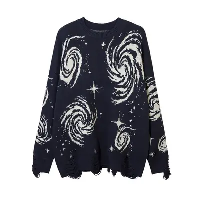 Y2K-Retro-Pullover, Wirbel-Druck, locker, mit Löchern
