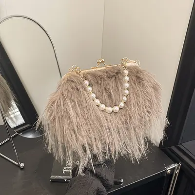 Retro Plush Women's Bag, Pearl Chain, Small Square, Single Shoulder Strap - 9