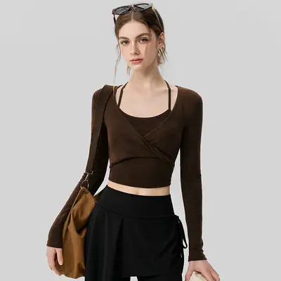 Yoga long sleeve top with halter neck and chest pad - 7