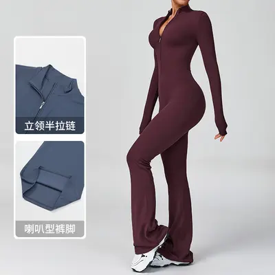 Zipper Long-Sleeve Yoga Jumpsuit, High-Intensity Fitness One-Piece Fitted Bodysuit