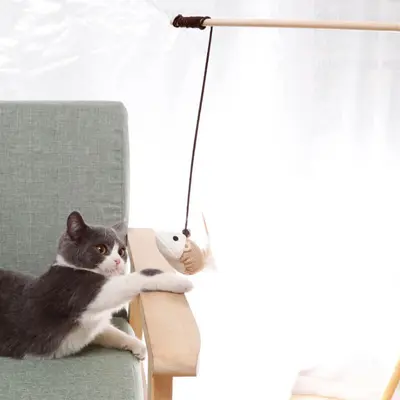 Burlap Mouse Wooden Stick Cat Teaser Wand, Interactive Handheld Cat Toy - 5