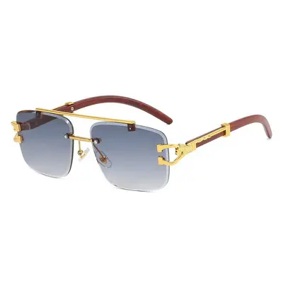 Frameless Square Sunglasses, Leopard Print, Wood-Grain Temples, UV Protection - 7