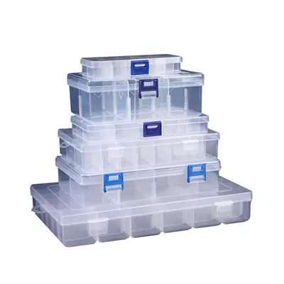 Unterteilte Kunststoff-Schreibtischaufbewahrungsbox 10 15 24 Fächer transparent mit Knöpfen Angelköder-Zubehör Schmuck Kosmetik Verpackungsbox