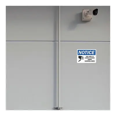 Mavi çerçeveli video gözetim uyarı etiketi CCTV kamerası