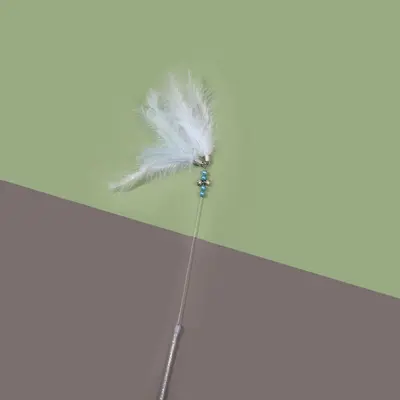 Feather Wire Cat Teaser Wand with Fur Ball and Bell, Long Pole - 11