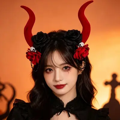 Halloween Devil Horn Headband with Black Veil and Skull Flower - 11