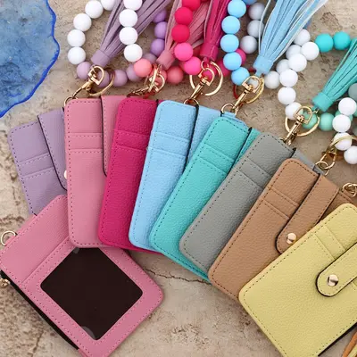 Folded Document and Card Holder Wallet, Solid Color Leather, Silicone Bracelet