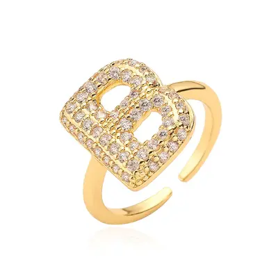 Copper-Plated 18K Gold Zircon Letter Ring for Women