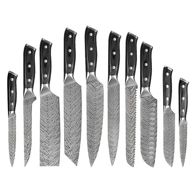 Küchenmesser-Set mit Damaszener-Muster, Santoku-Messer, schwarzer Holzgriff