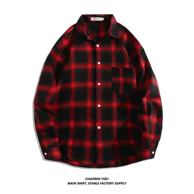 Men's Long-Sleeve Black and White Plaid Shirt, Retro Hong Kong Style, Loose Fit - 8