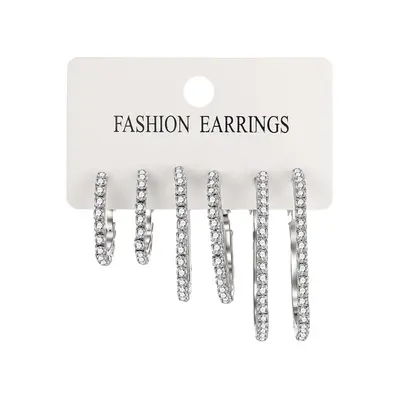 Cross-border fashion diamond stud earrings for women in Europe and America, simple full diamond large, medium and small hoop earrings, 3-pair set