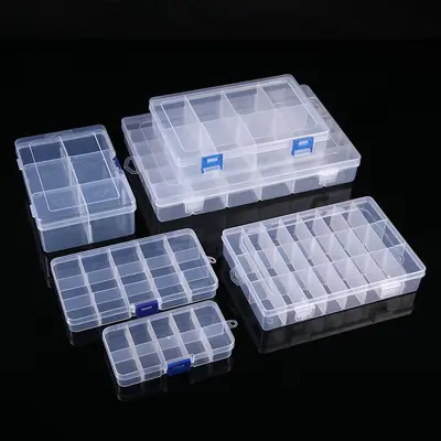 Unterteilte Kunststoff-Schreibtischaufbewahrungsbox 10 15 24 Fächer transparent mit Knöpfen Angelköder-Zubehör Schmuck Kosmetik Verpackungsbox