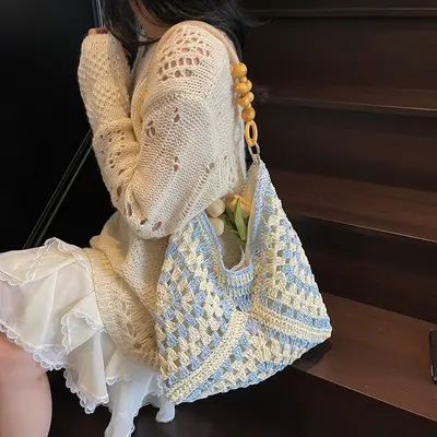 2026 Model Woven Straw Bag with Wooden Beads, Single Shoulder, Large Capacity - 5