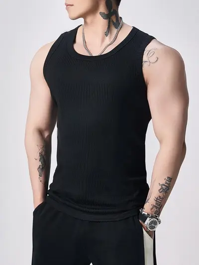 Men's Ribbed Fitness Tank Top, Breathable Solid Colour - 3