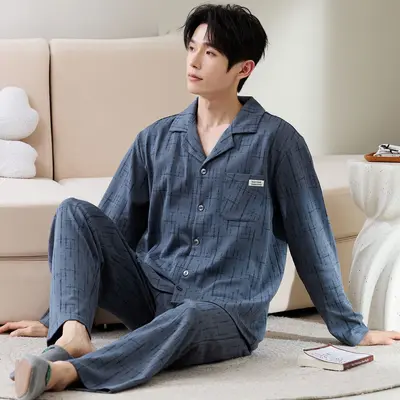 Men's Cotton Long-Sleeve Cardigan Pajama Set, Plus Size - 10