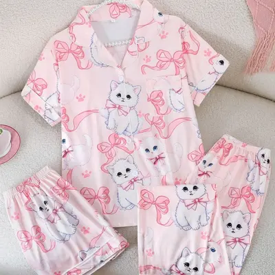 Women's Printed Pajama Set 3-Piece Short Sleeve Shorts Long Pants