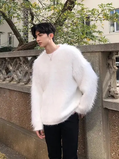 Erkek Vizon Peluş Gevşek Kesim Sonbahar Kış Triko Dış Giyim Üstü