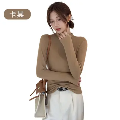 Women's Half-High Collar Double-Sided Velvet Base Layer Top, Solid Color - 8