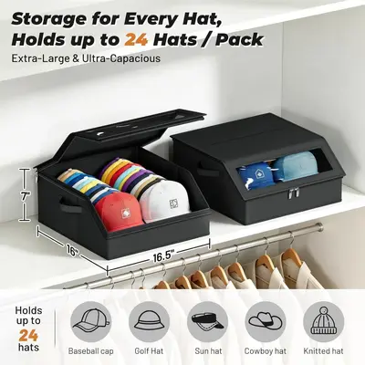 Foldable Hat Storage Box with Zipper, Dustproof, Window, Stackable