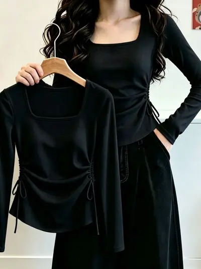 Slimming Square Neck Long Sleeve T-Shirt for Women, 2026 Autumn New Arrival, Irregular Pleated Drawstring Top, Dropshipping Available