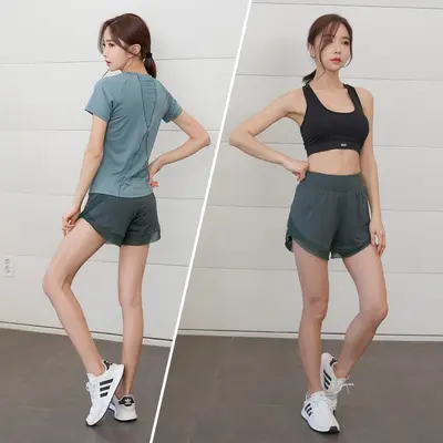 瑜伽服运动女短袖短裤三件套装速干透气跑步衣时尚显瘦夏季健身服