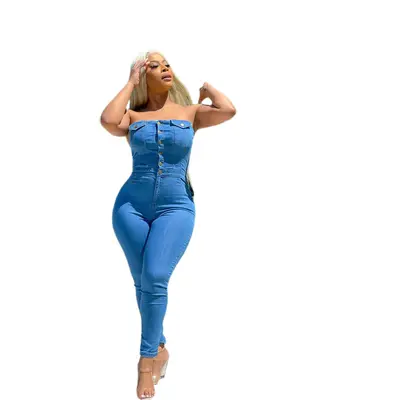 Kadın straplez kot tulum, slim fit, günlük moda