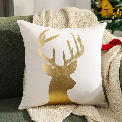 Carefully selected reindeer Christmas tree gold printed pillow cover, popular across borders, featuring autumn and winter snowflake embroidery style holiday decorative pillow cover. - 11