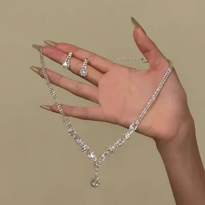 Diamond Necklace and Earring Set Silver Collarbone Chain - 5