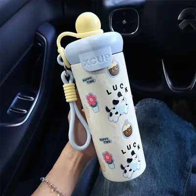 Sevimli Hayvan Desenli 316 Paslanmaz Çelik Termos Bardak, Askılı Pipetli, 300 ml - 9