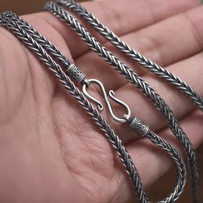 990 saf gümüş erkek kolye yılan kemik zinciri, el dokuması Tay 4mm - 3