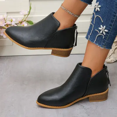 Pointed-Toe Back Zip Short Martin Boots Women's Plus Size Genuine Leather - 4