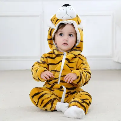 Baby-Flanell-Overall mit Kapuze und Tiermuster, Herbst und Winter, warm