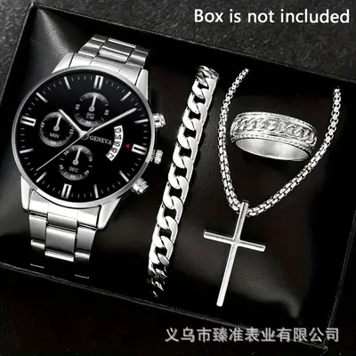 Men's watch set, black gold steel band with cross pendant - 5