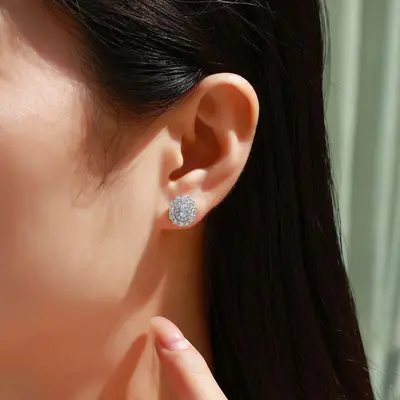 S925 Sterling Silver Moissanite Stud Earrings, Retro Round, Full-Set
