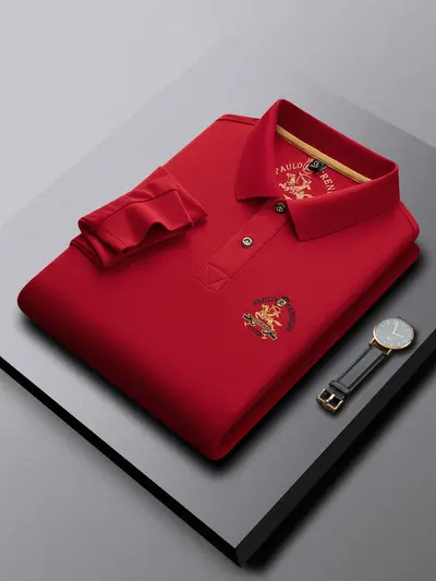Men's Long Sleeve Polo Shirt, Chinese Red, Embroidered Horse Logo