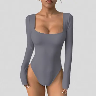 Kadın uzun kollu tek parça yoga tulumu, kare yaka, dar kesim fitness jumpsuit - 9