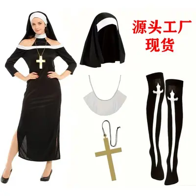 Halloween Nun Costume, Cross Print, Black and White Uniform