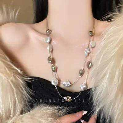 Zweischichtige Perlenkette, Vintage-Pullover-Kette