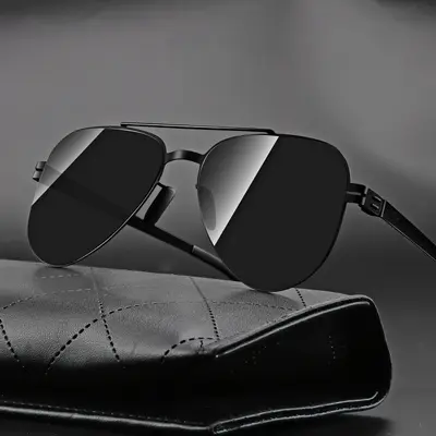 Schwarze Retro-Herrensonnenbrille, Rahmen aus Edelstahl - 9